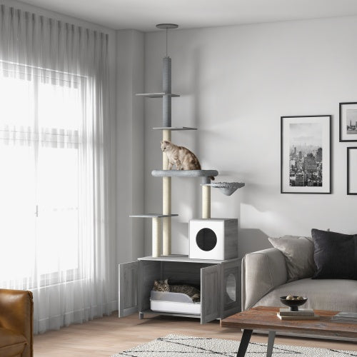 Floor-to-Ceiling Cat Tower - Adjustable Height 7.5-9.5ft with Hammock & Multi-Level Scratching Posts