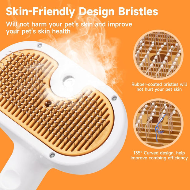 Pet steam brush 3-in-1 bristles curved at 135 degrees specifically to avoid irritating your pet's skin