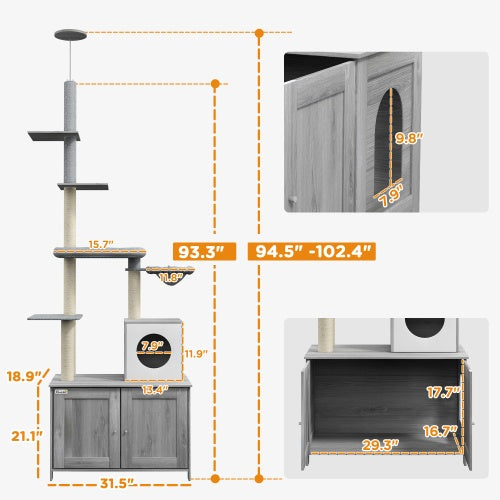 Floor-to-Ceiling Cat Tower - Adjustable Height 7.5-9.5ft with Hammock & Multi-Level Scratching Posts