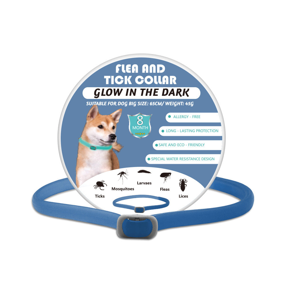 Blue glow in dark dog collar with bug protection technology