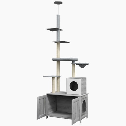 Floor-to-Ceiling Cat Tower - Adjustable Height 7.5-9.5ft with Hammock & Multi-Level Scratching Posts