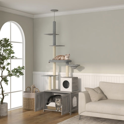 Floor-to-Ceiling Cat Tower - Adjustable Height 7.5-9.5ft with Hammock & Multi-Level Scratching Posts