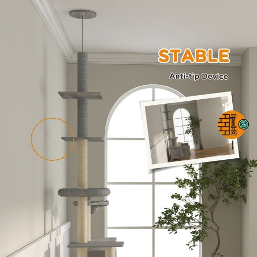 Floor-to-Ceiling Cat Tower - Adjustable Height 7.5-9.5ft with Hammock & Multi-Level Scratching Posts