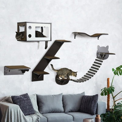 PawHut Wall-Mounted Cat Shelves - Ergonomic Curved Platform Climbing Tree