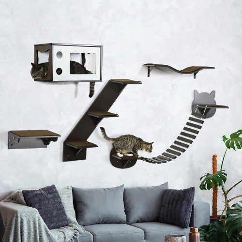 PawHut Wall-Mounted Cat Shelves - Ergonomic Curved Platform Climbing Tree